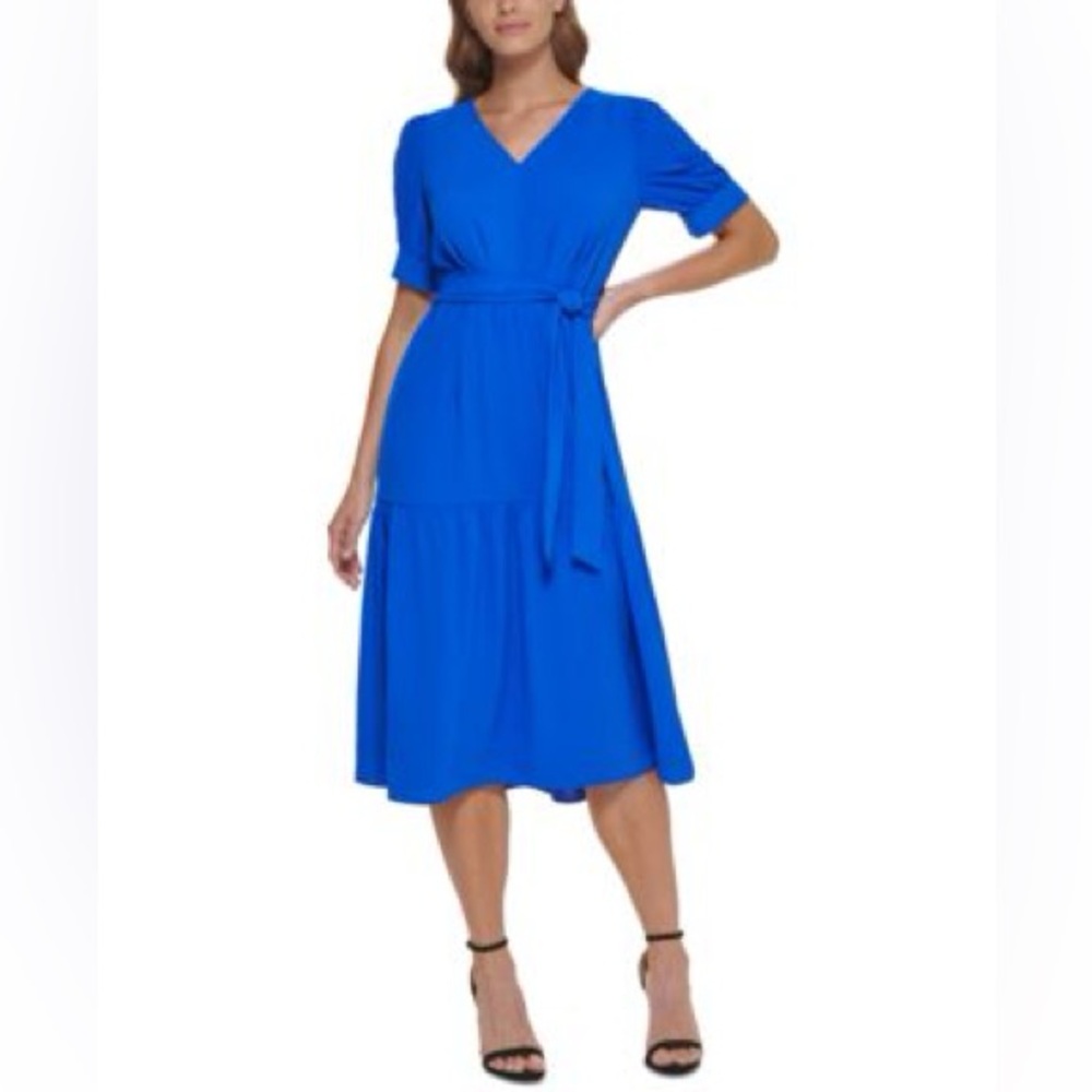 DKNY Bright Blue V-Neck Tie Waist Midi Dress